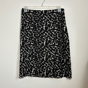 BCBG Max Azria Skirt Womens L Brown Ivory Abstract Floral Mesh Midi Flounce Hem